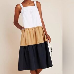 Maeve for Anthropologie White Brown Black tiered swing midi dress Petite Medium